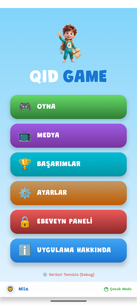 Qid Game ana menü — Oyna, Medya, Başarımlar, Ebeveyn Paneli